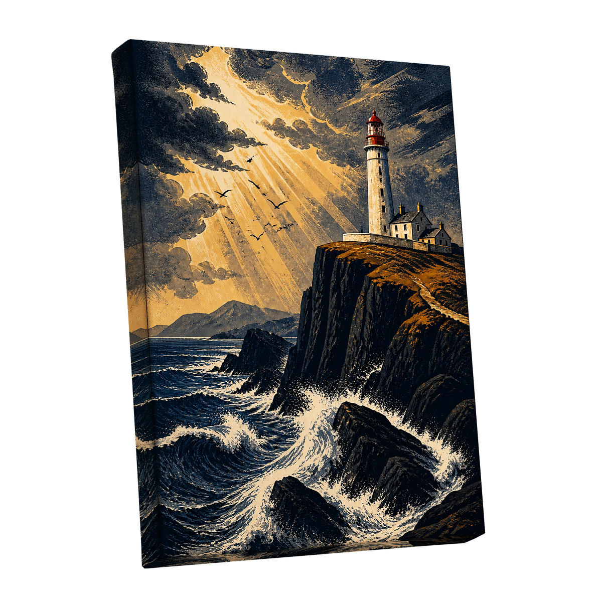 Stormlight Beacon, blue, black, gold nature wall art shown as a stretched canvas wall art