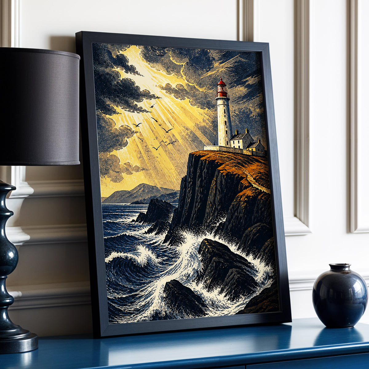 Stormlight Beacon, blue, black, gold nature wall art displayed in a styled interior, gallery view 2