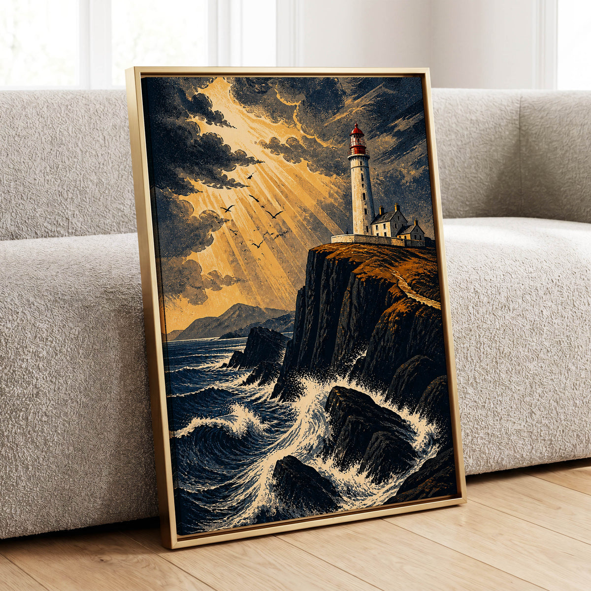 Stormlight Beacon, blue, black, gold nature wall art displayed in a styled interior, gallery view 4