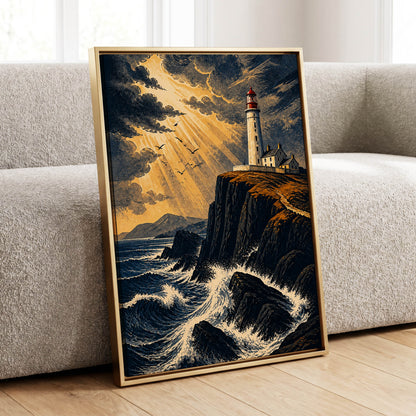Stormlight Beacon, blue, black, gold nature wall art displayed in a styled interior, gallery view 4
