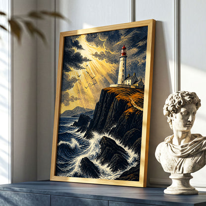 Stormlight Beacon, blue, black, gold nature wall art displayed in a styled interior, gallery view 6