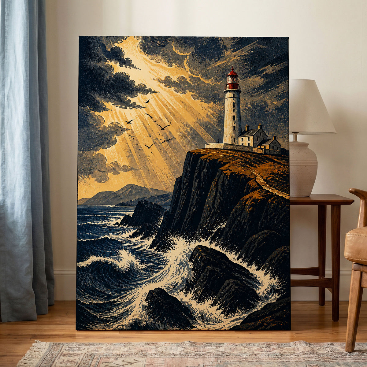 Stormlight Beacon, blue, black, gold nature wall art displayed in a styled interior, gallery view 7