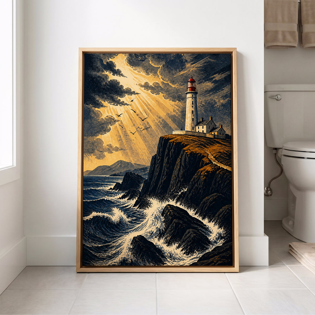 Stormlight Beacon, blue, black, gold nature wall art displayed in a styled interior, gallery view 8