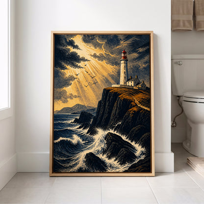 Stormlight Beacon, blue, black, gold nature wall art displayed in a styled interior, gallery view 8