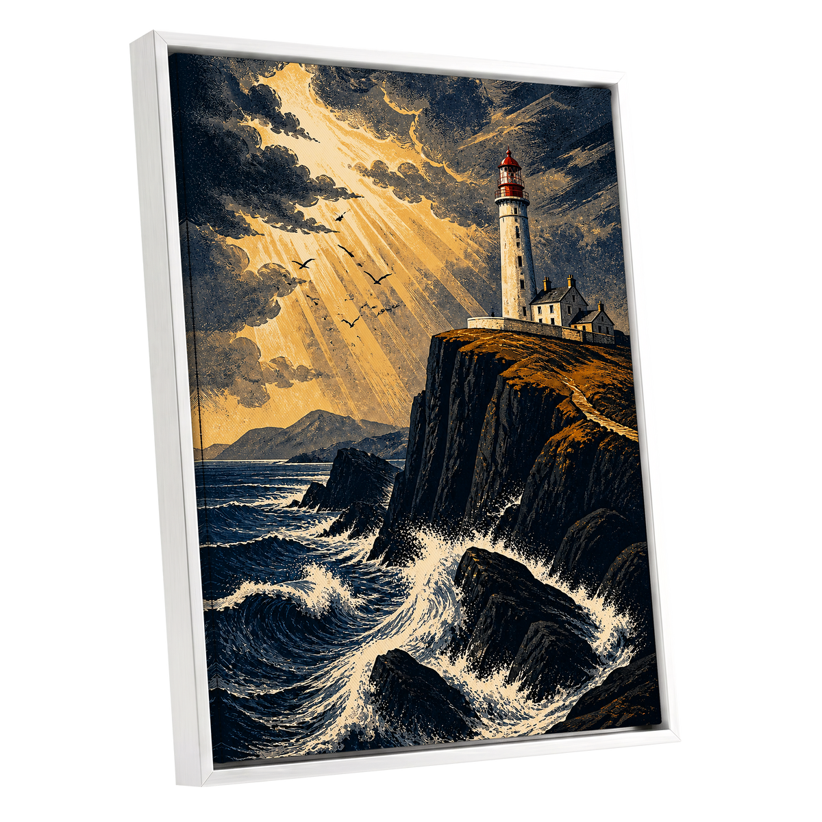 Stormlight Beacon, blue, black, gold nature wall art shown as a white framed canvas wall art