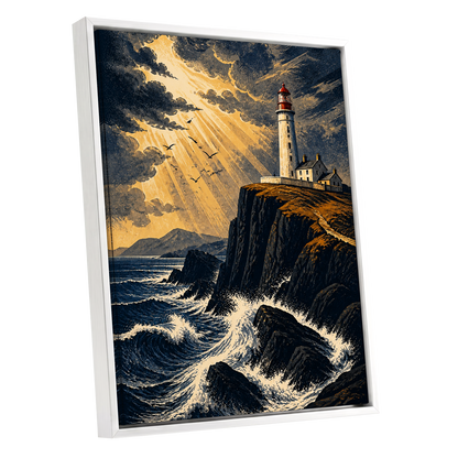 Stormlight Beacon, blue, black, gold nature wall art shown as a white framed canvas wall art