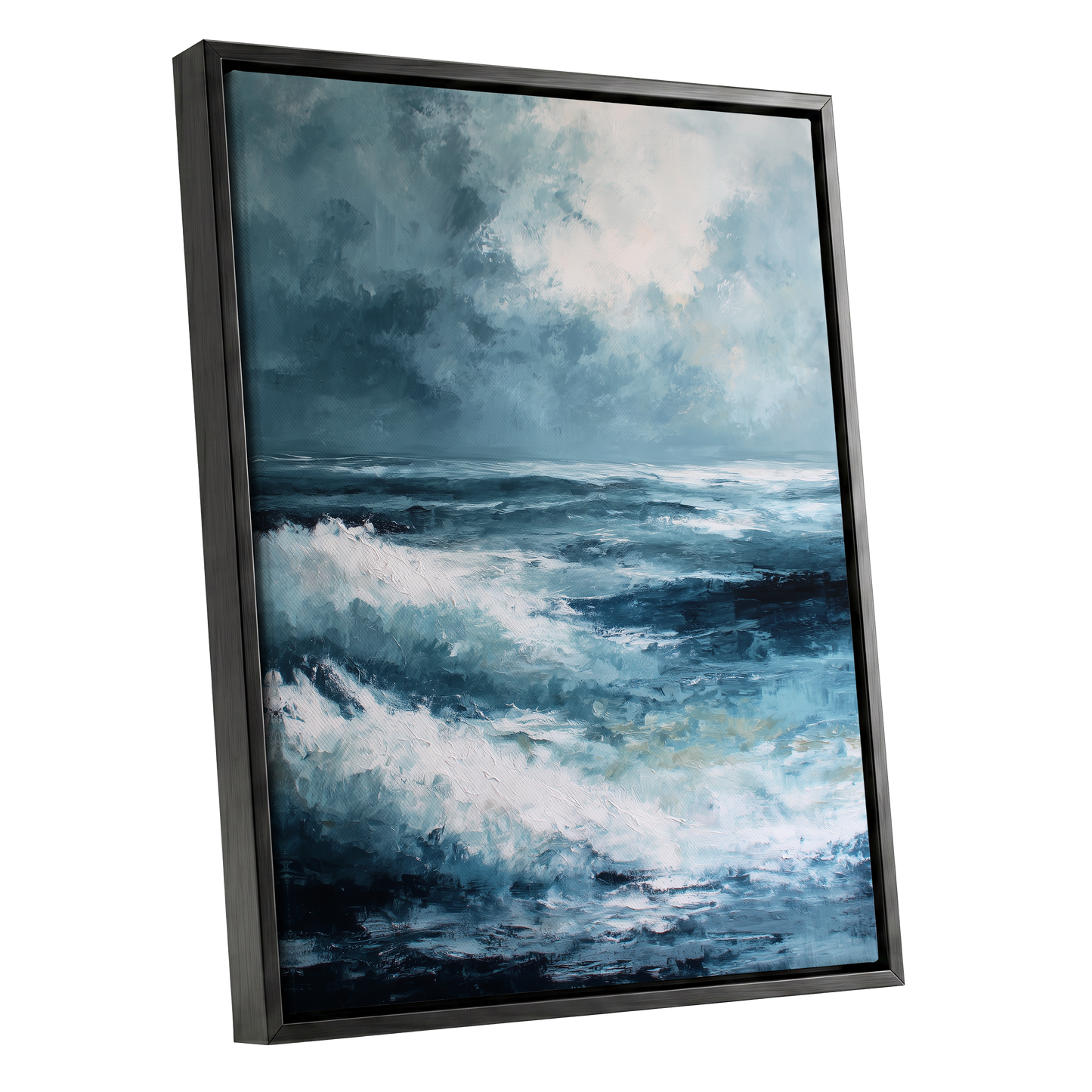 Stormlight Breakers, blue, white, gray nature wall art shown as a black framed canvas wall art