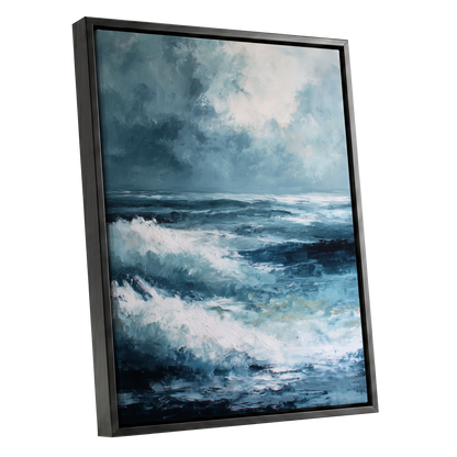 Stormlight Breakers, blue, white, gray nature wall art shown as a black framed canvas wall art