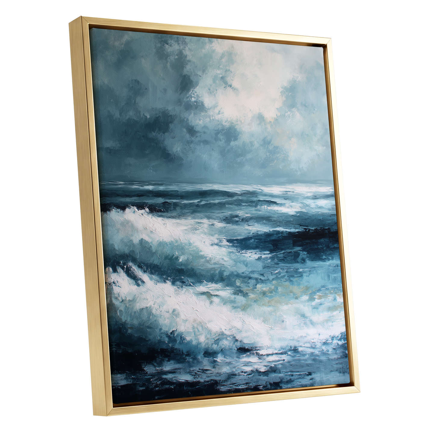 Stormlight Breakers, blue, white, gray nature wall art shown as a gold framed canvas wall art