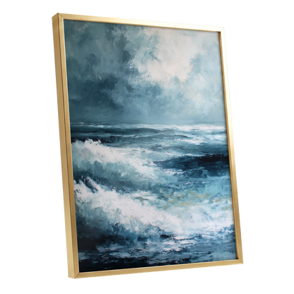 Stormlight Breakers, blue, white, gray nature wall art shown as a gold framed poster wall art print