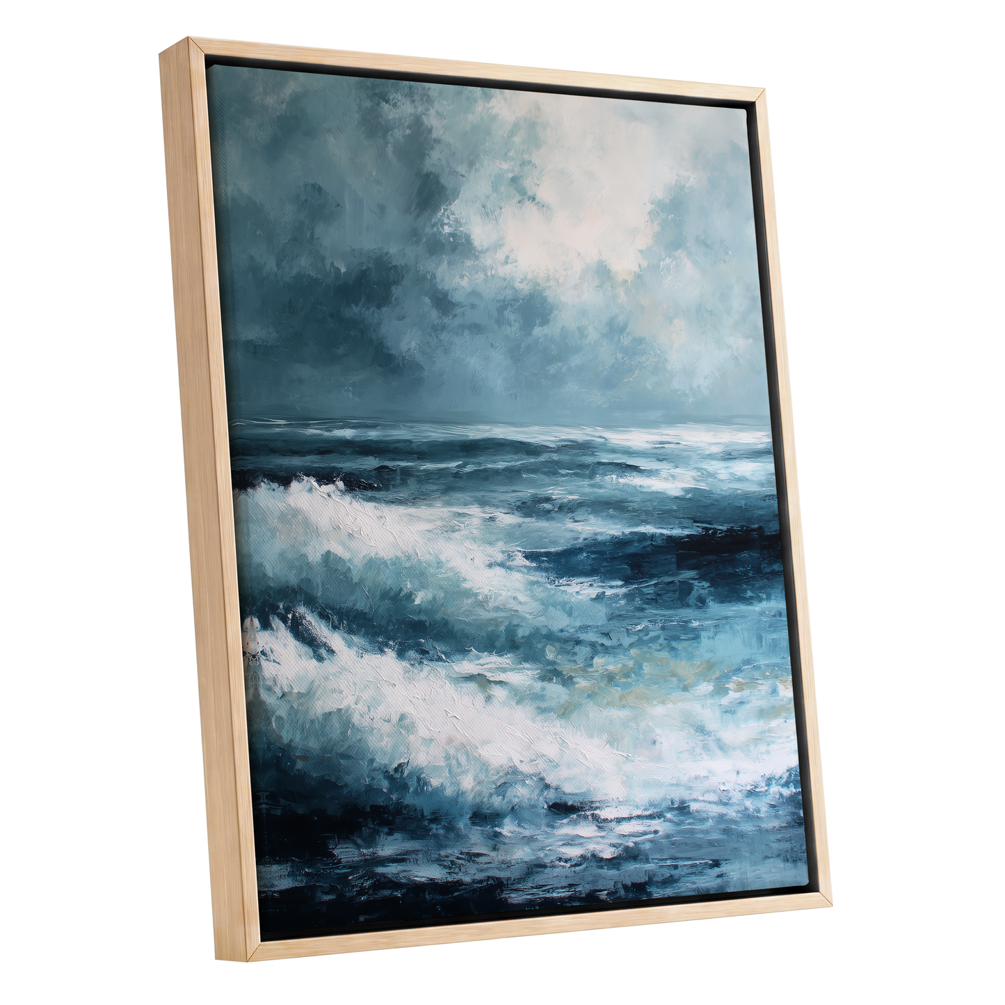 Stormlight Breakers, blue, white, gray nature wall art shown as a oak framed canvas wall art