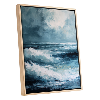 Stormlight Breakers, blue, white, gray nature wall art shown as a oak framed canvas wall art