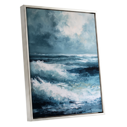 Stormlight Breakers, blue, white, gray nature wall art shown as a silver framed canvas wall art