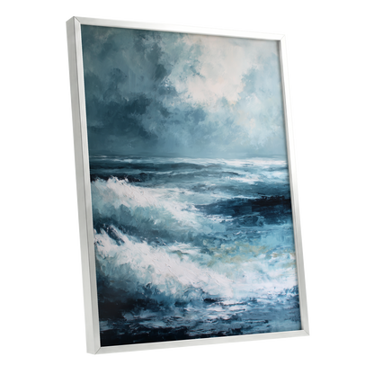 Stormlight Breakers, blue, white, gray nature wall art shown as a silver framed poster wall art print