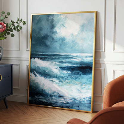 Stormlight Breakers, blue, white, gray nature wall art displayed in a styled interior, gallery view 2