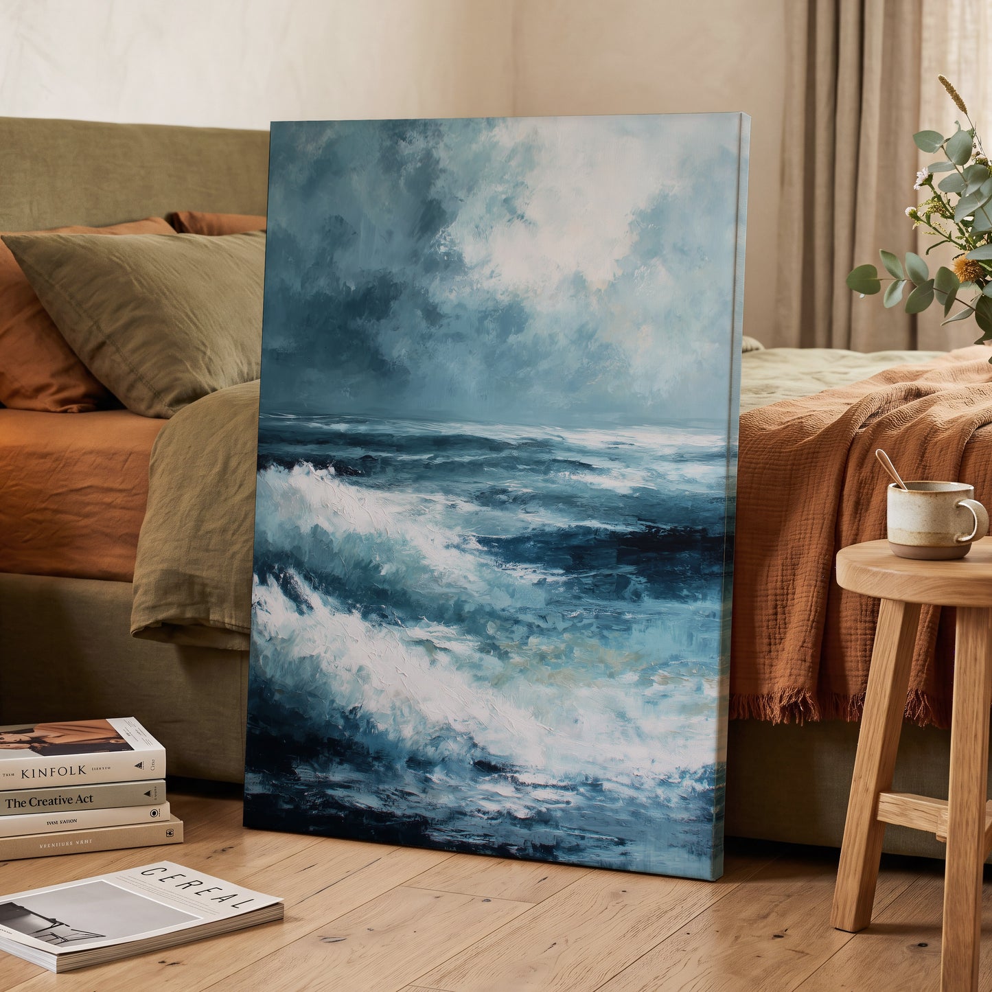 Stormlight Breakers, blue, white, gray nature wall art displayed in a styled interior, gallery view 3