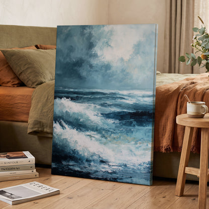 Stormlight Breakers, blue, white, gray nature wall art displayed in a styled interior, gallery view 3