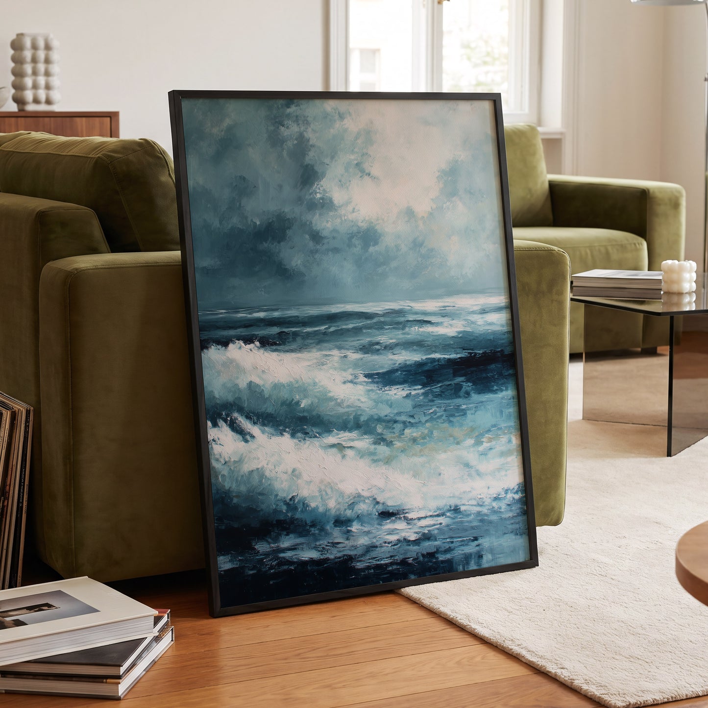 Stormlight Breakers, blue, white, gray nature wall art displayed in a styled interior, gallery view 9