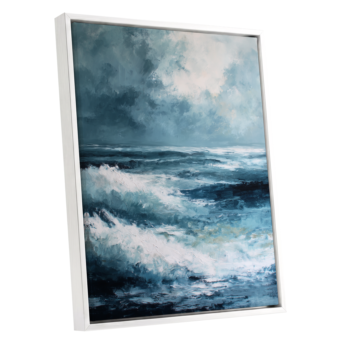 Stormlight Breakers, blue, white, gray nature wall art shown as a white framed canvas wall art
