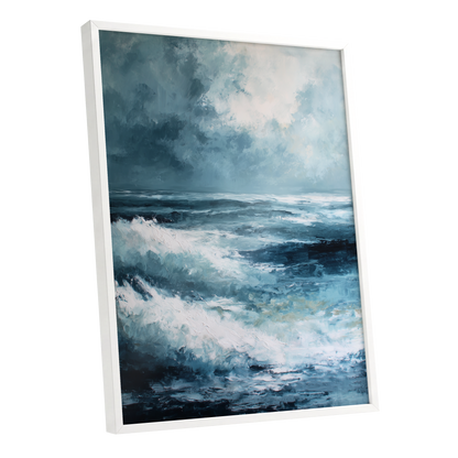 Stormlight Breakers, blue, white, gray nature wall art shown as a white framed poster wall art print