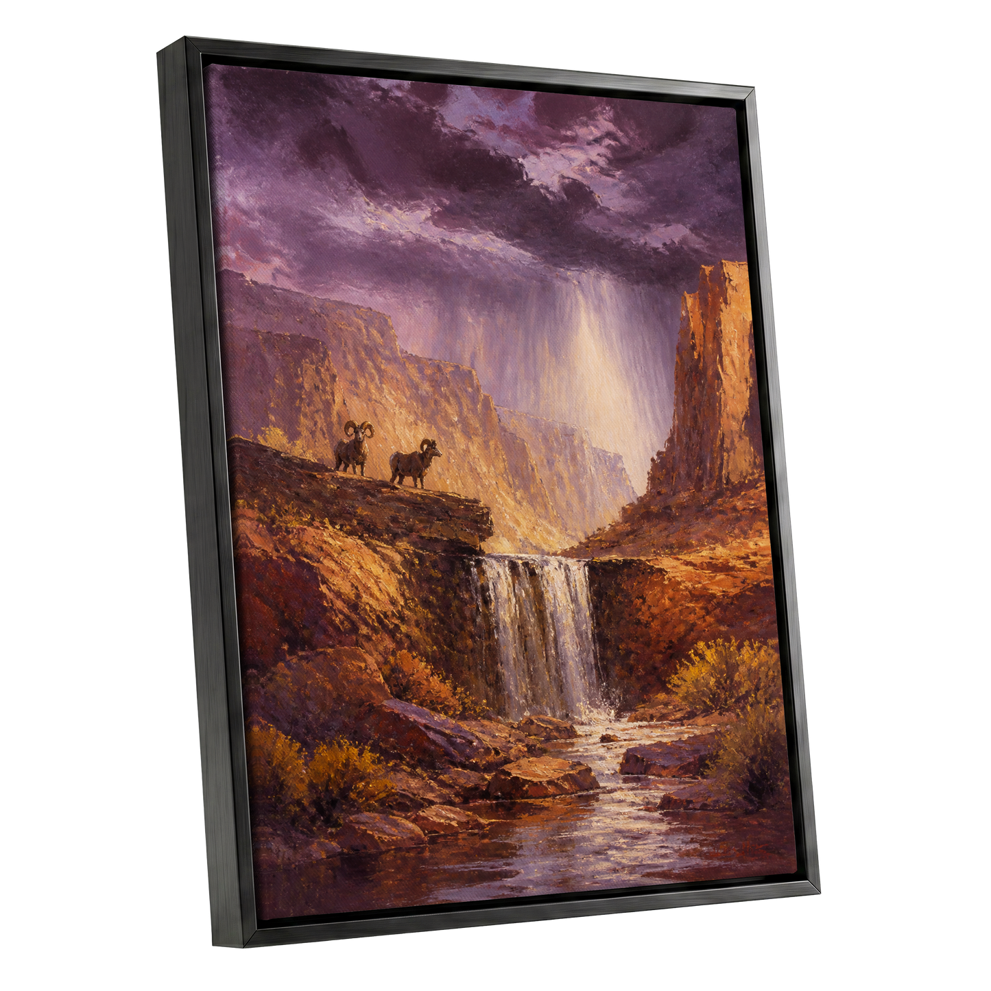 Stormlight Canyon, purple, brown, orange nature wall art shown as a black framed canvas wall art