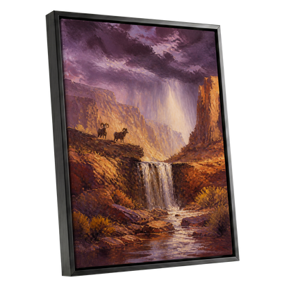 Stormlight Canyon, purple, brown, orange nature wall art shown as a black framed canvas wall art