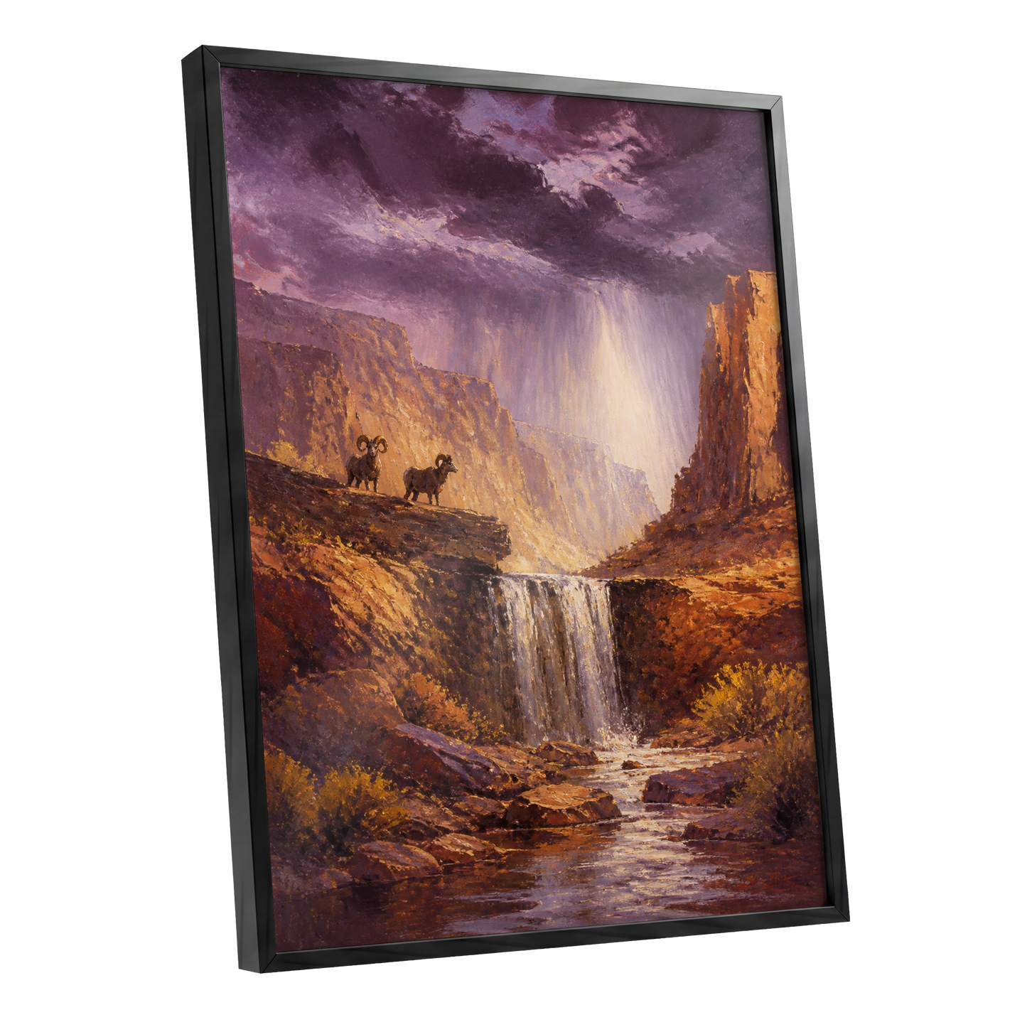 Stormlight Canyon, purple, brown, orange nature wall art shown as a black framed poster wall art print