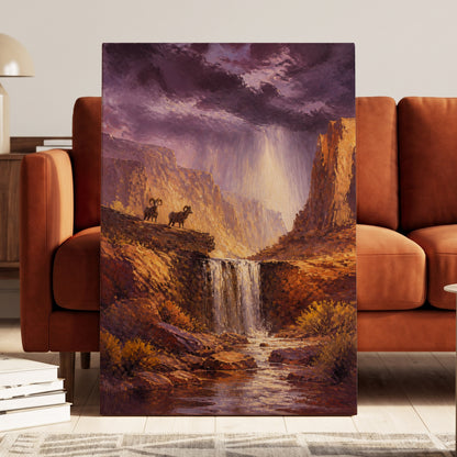 Stormlight Canyon, purple, brown, orange nature wall art on canvas displayed in a styled interior, gallery view 1