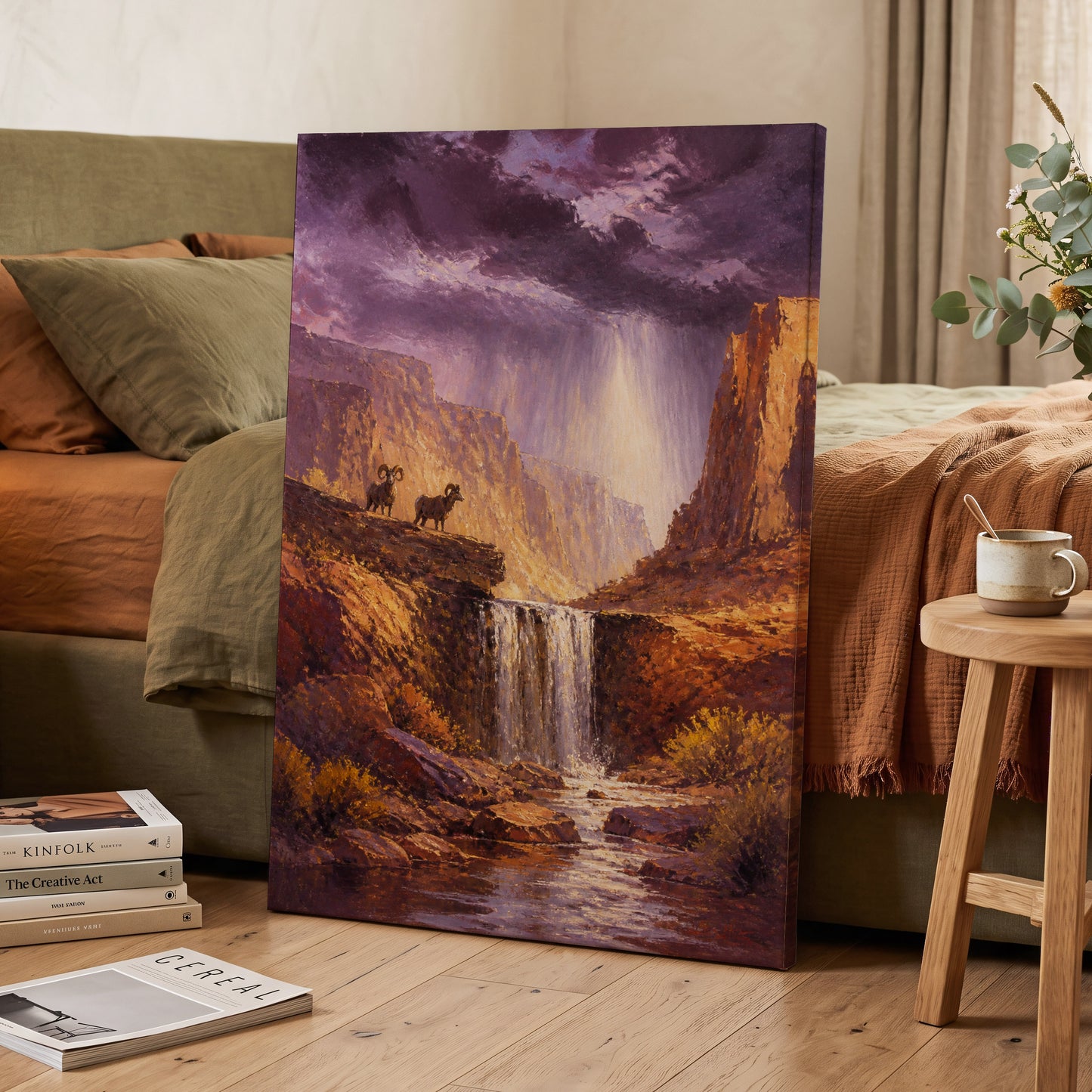 Stormlight Canyon, purple, brown, orange nature wall art on canvas displayed in a styled interior, gallery view 2