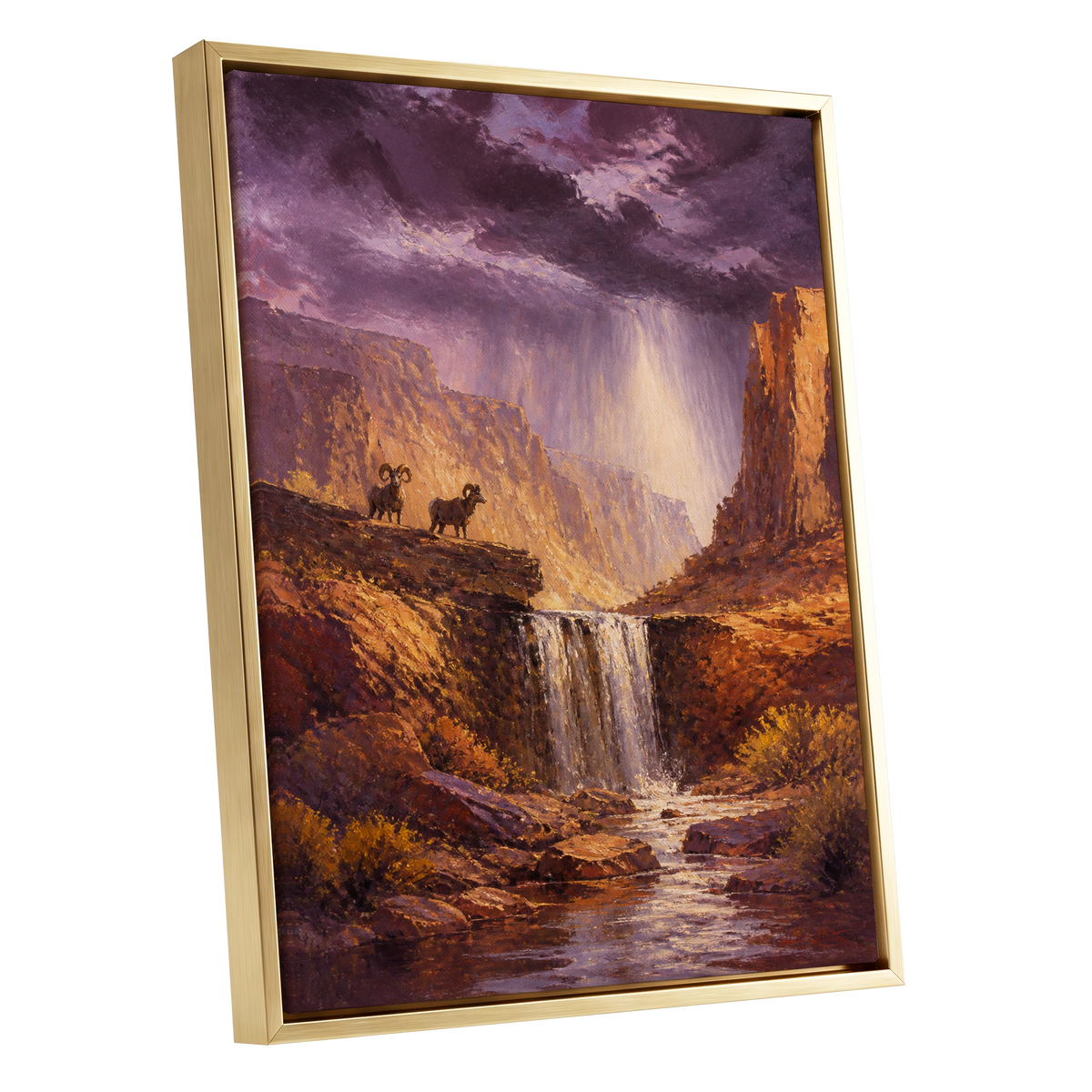 Stormlight Canyon, purple, brown, orange nature wall art shown as a gold framed canvas wall art