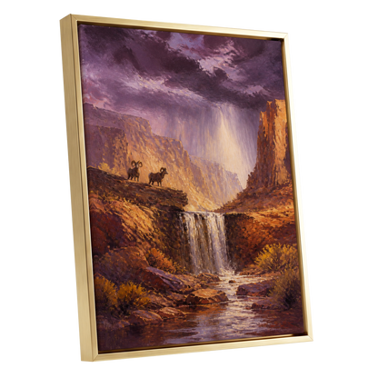 Stormlight Canyon, purple, brown, orange nature wall art shown as a gold framed canvas wall art
