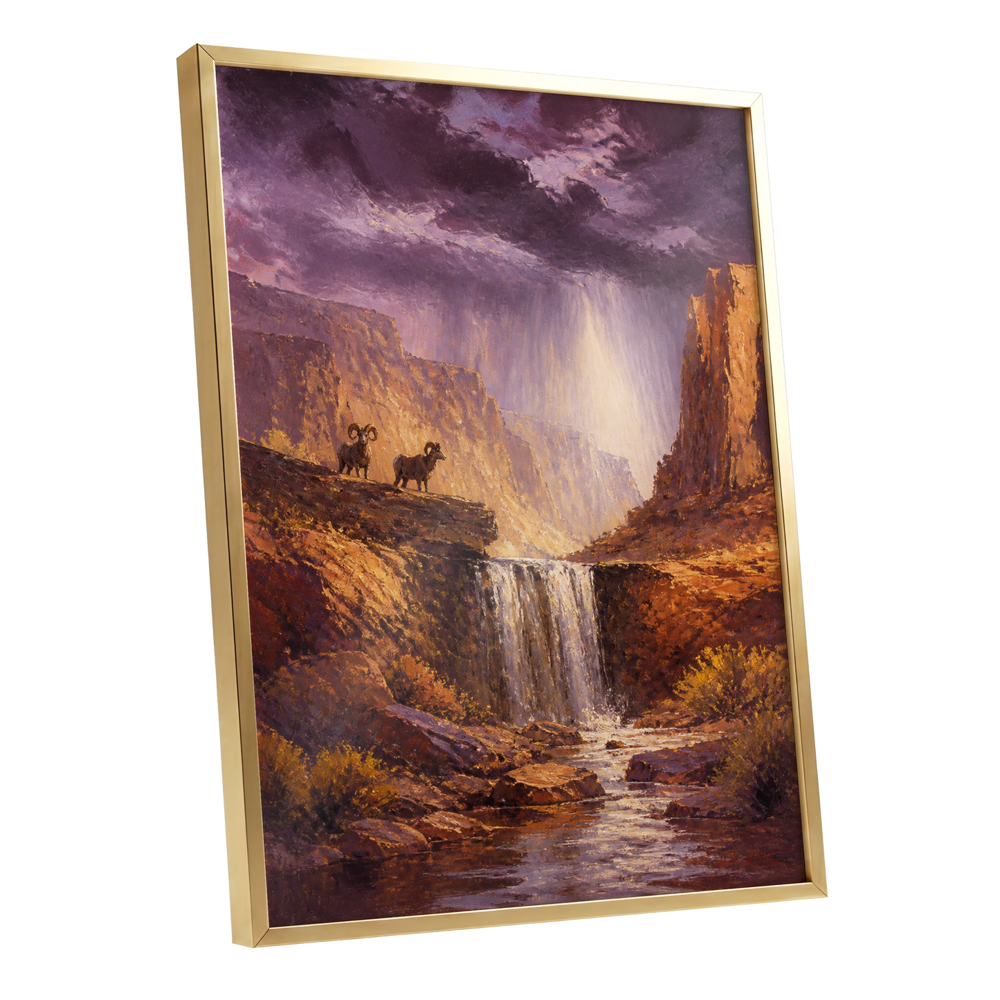 Stormlight Canyon, purple, brown, orange nature wall art shown as a gold framed poster wall art print