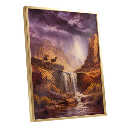 Stormlight Canyon, purple, brown, orange nature wall art shown as a gold framed poster wall art print