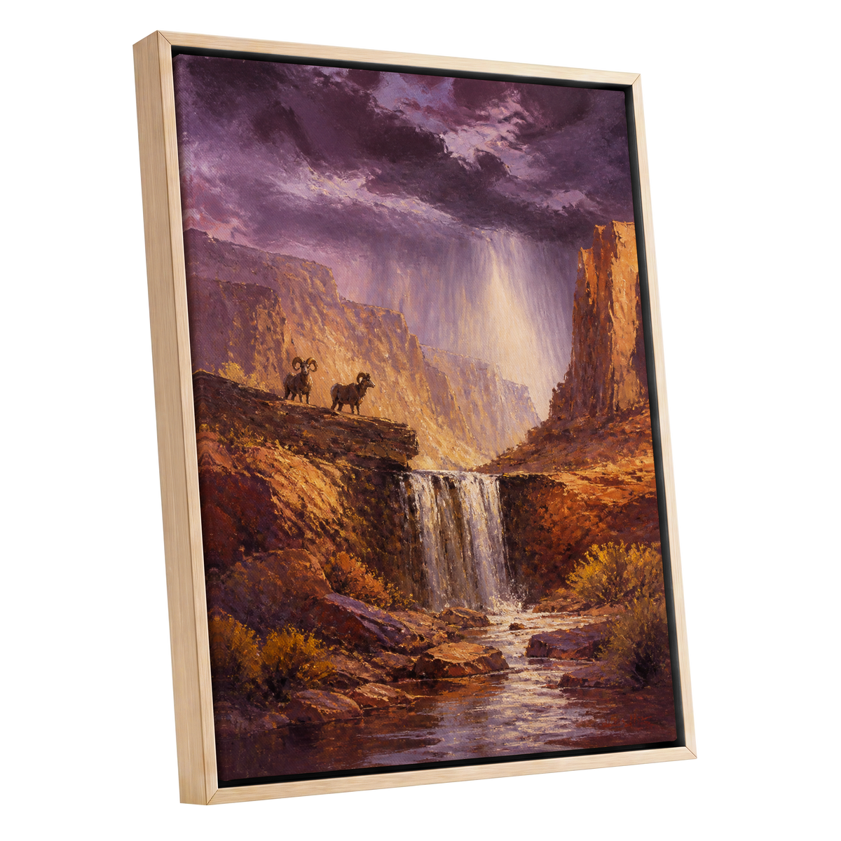 Stormlight Canyon, purple, brown, orange nature wall art shown as a oak framed canvas wall art