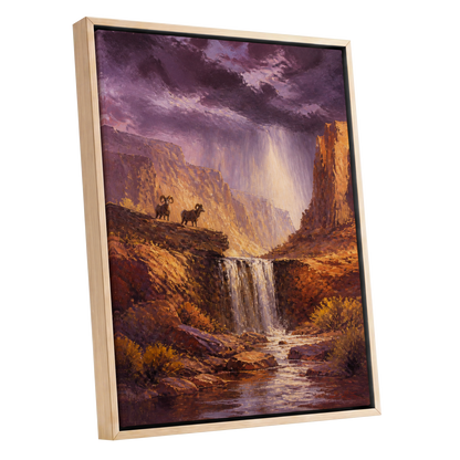 Stormlight Canyon, purple, brown, orange nature wall art shown as a oak framed canvas wall art
