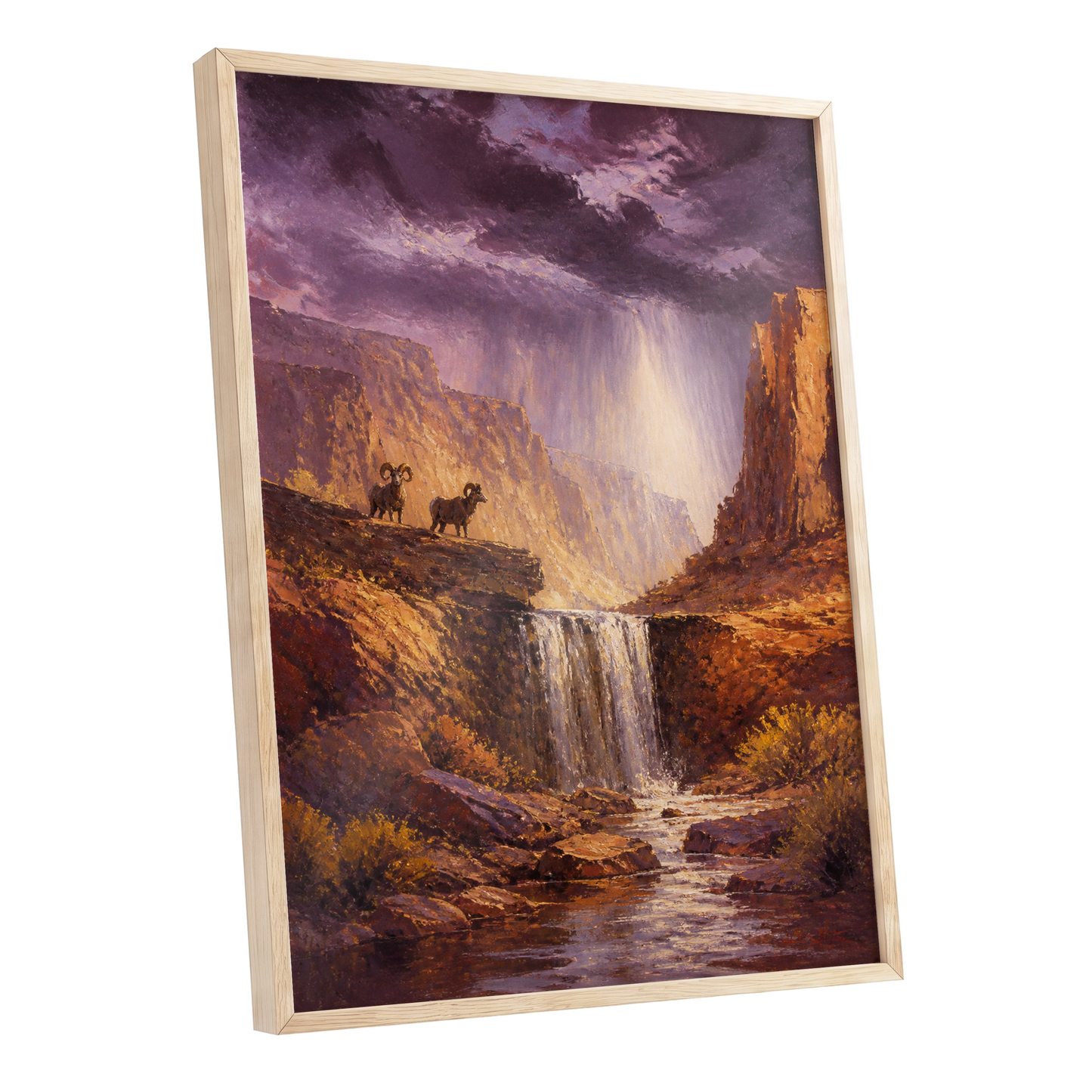 Stormlight Canyon, purple, brown, orange nature wall art shown as a oak framed poster wall art print