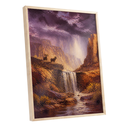 Stormlight Canyon, purple, brown, orange nature wall art shown as a oak framed poster wall art print