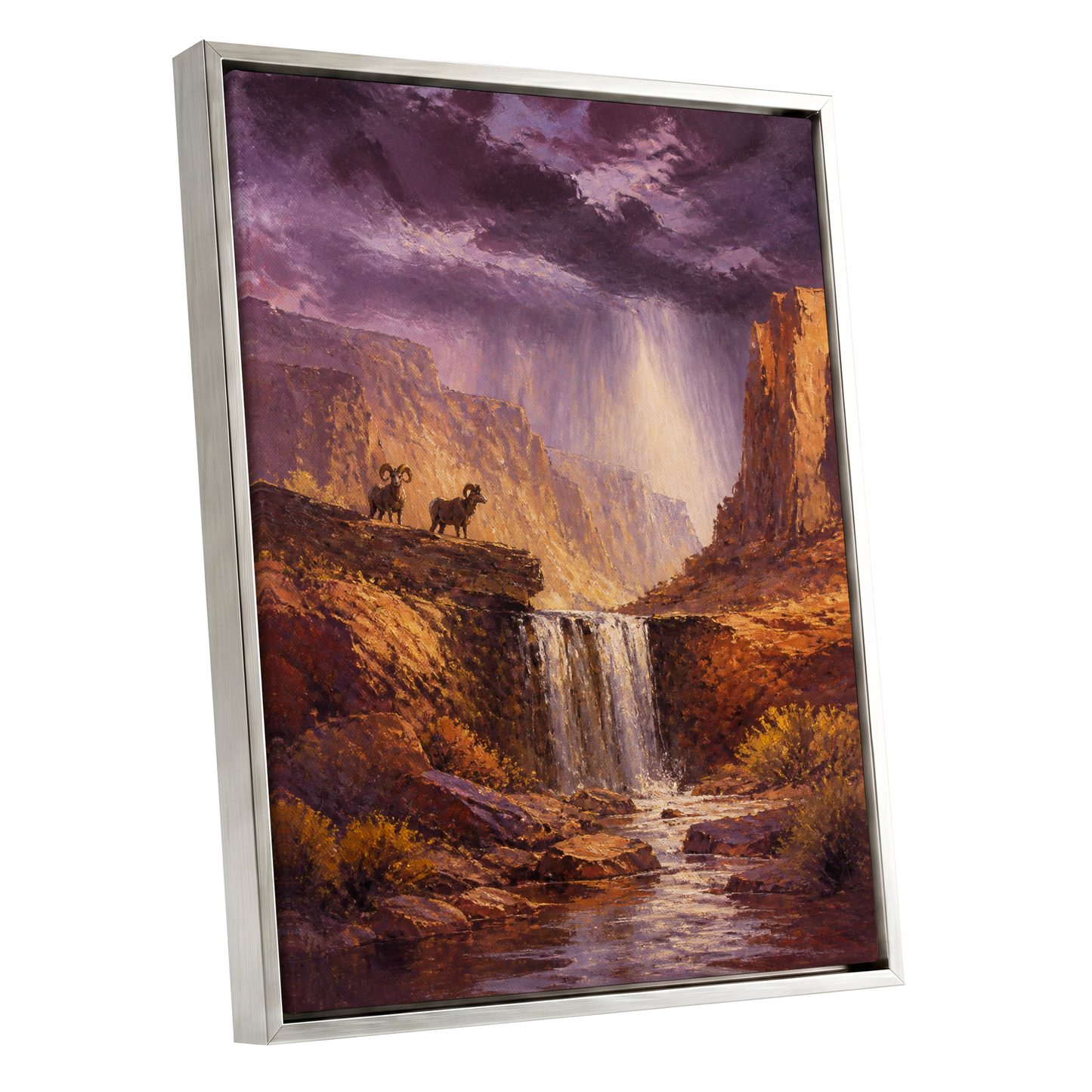 Stormlight Canyon, purple, brown, orange nature wall art shown as a silver framed canvas wall art