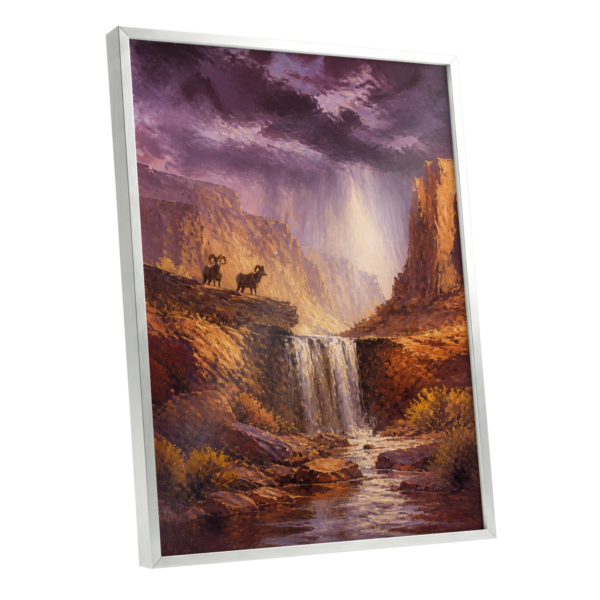 Stormlight Canyon, purple, brown, orange nature wall art shown as a silver framed poster wall art print