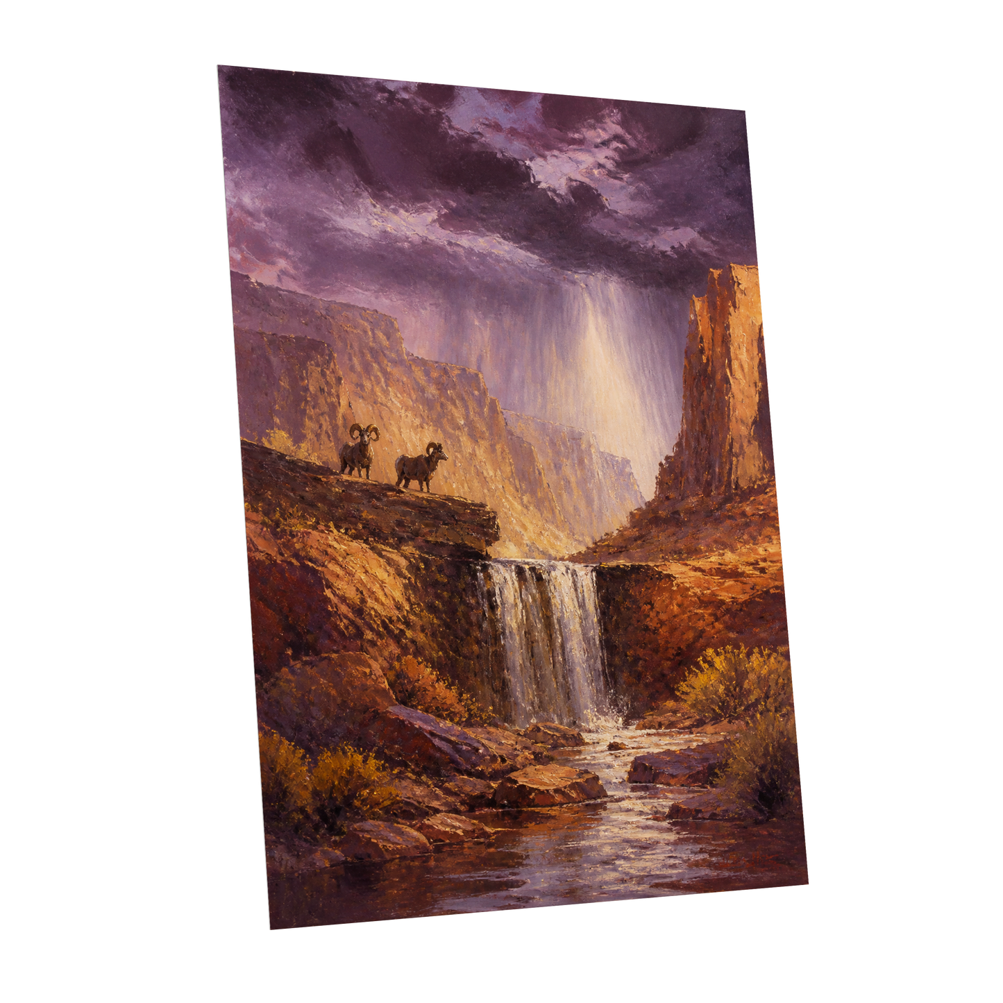 Stormlight Canyon, purple, brown, orange nature wall art shown as a unframed poster wall art print