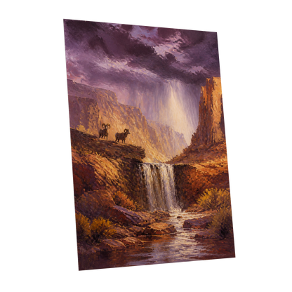 Stormlight Canyon, purple, brown, orange nature wall art shown as a unframed poster wall art print