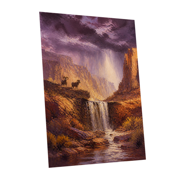 Stormlight Canyon, purple, brown, orange nature wall art shown as a unframed poster wall art print