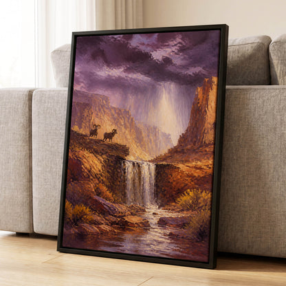 Stormlight Canyon, purple, brown, orange nature wall art displayed in a styled interior, gallery view 1