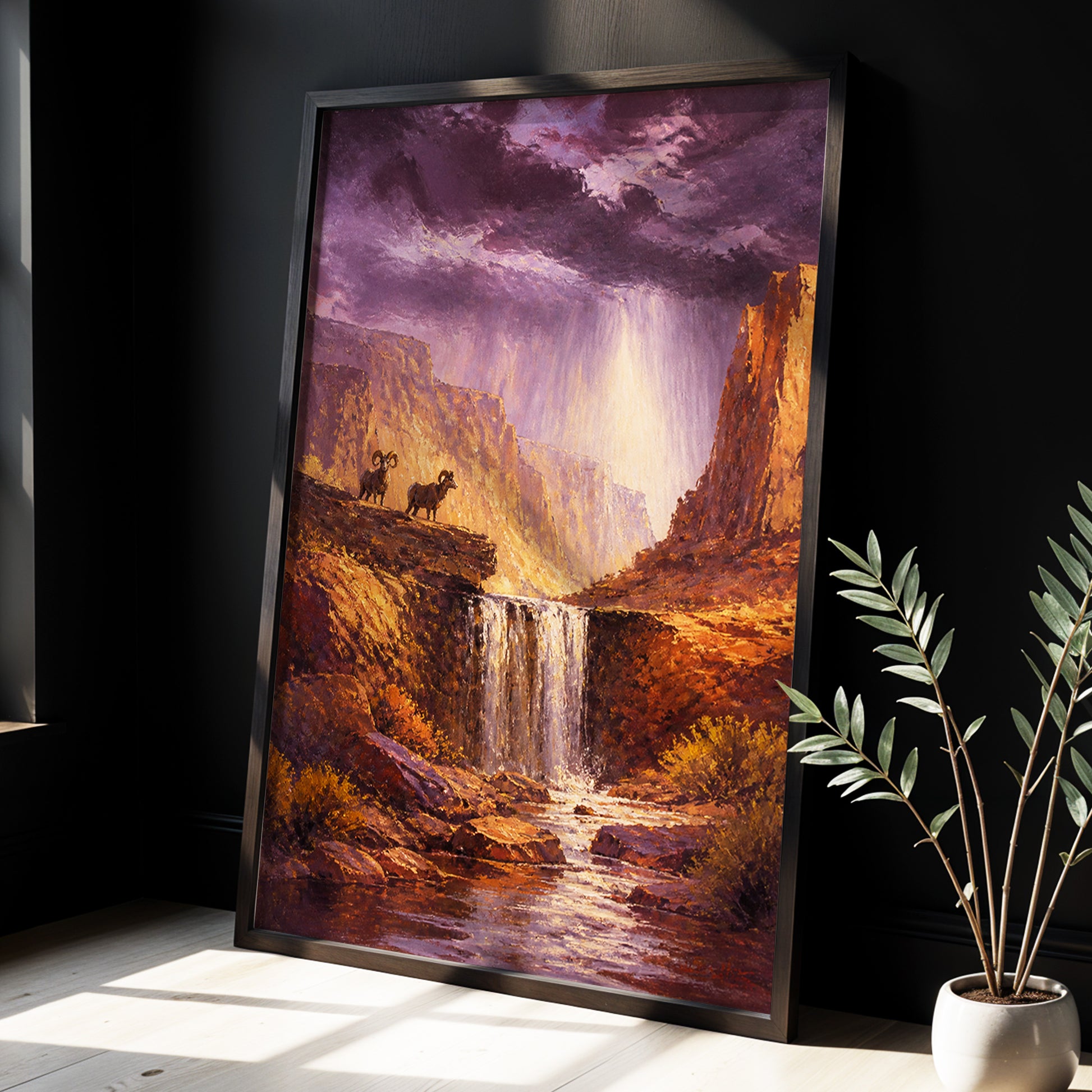 Stormlight Canyon, purple, brown, orange nature wall art displayed in a styled interior, gallery view 2