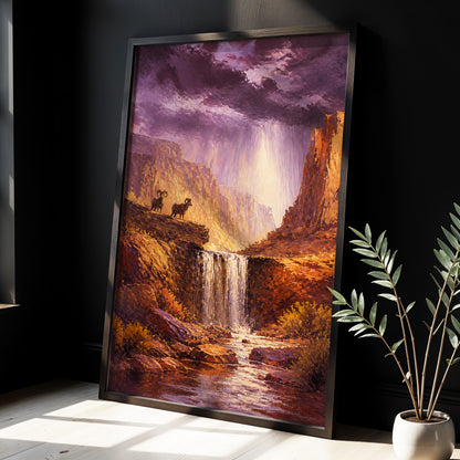 Stormlight Canyon, purple, brown, orange nature wall art displayed in a styled interior, gallery view 2