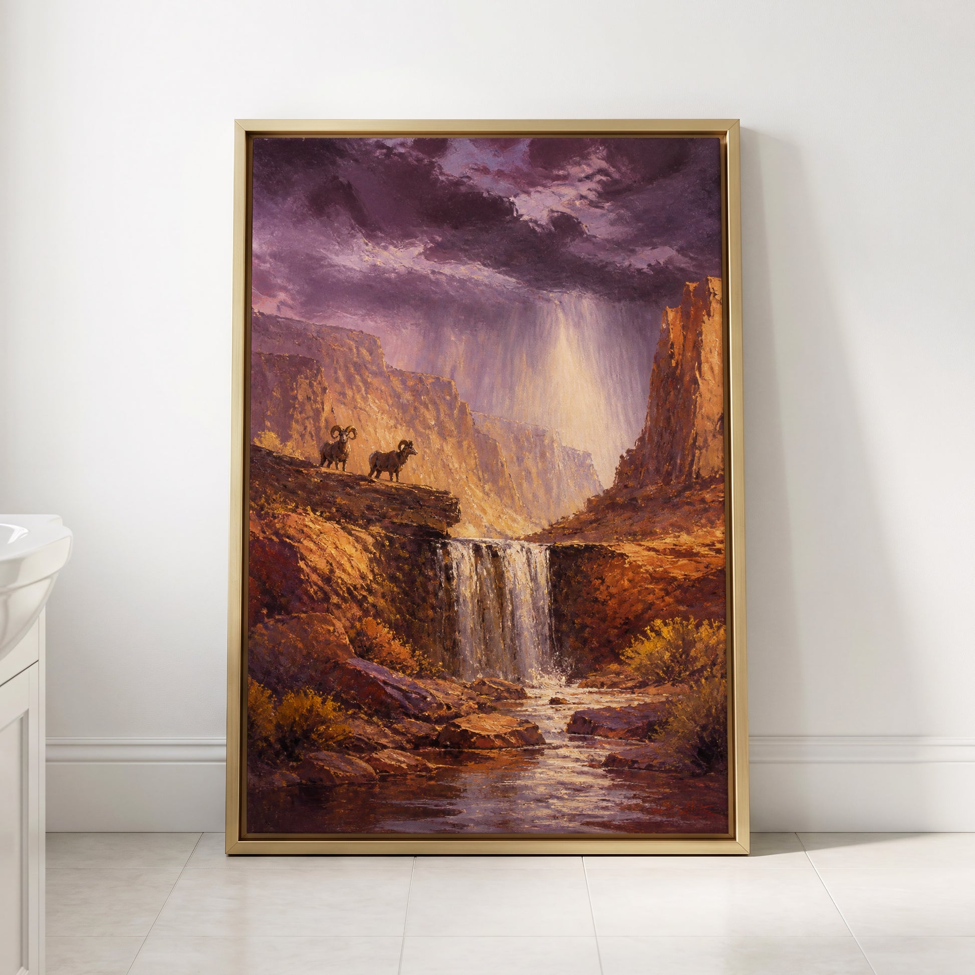 Stormlight Canyon, purple, brown, orange nature wall art displayed in a styled interior, gallery view 3