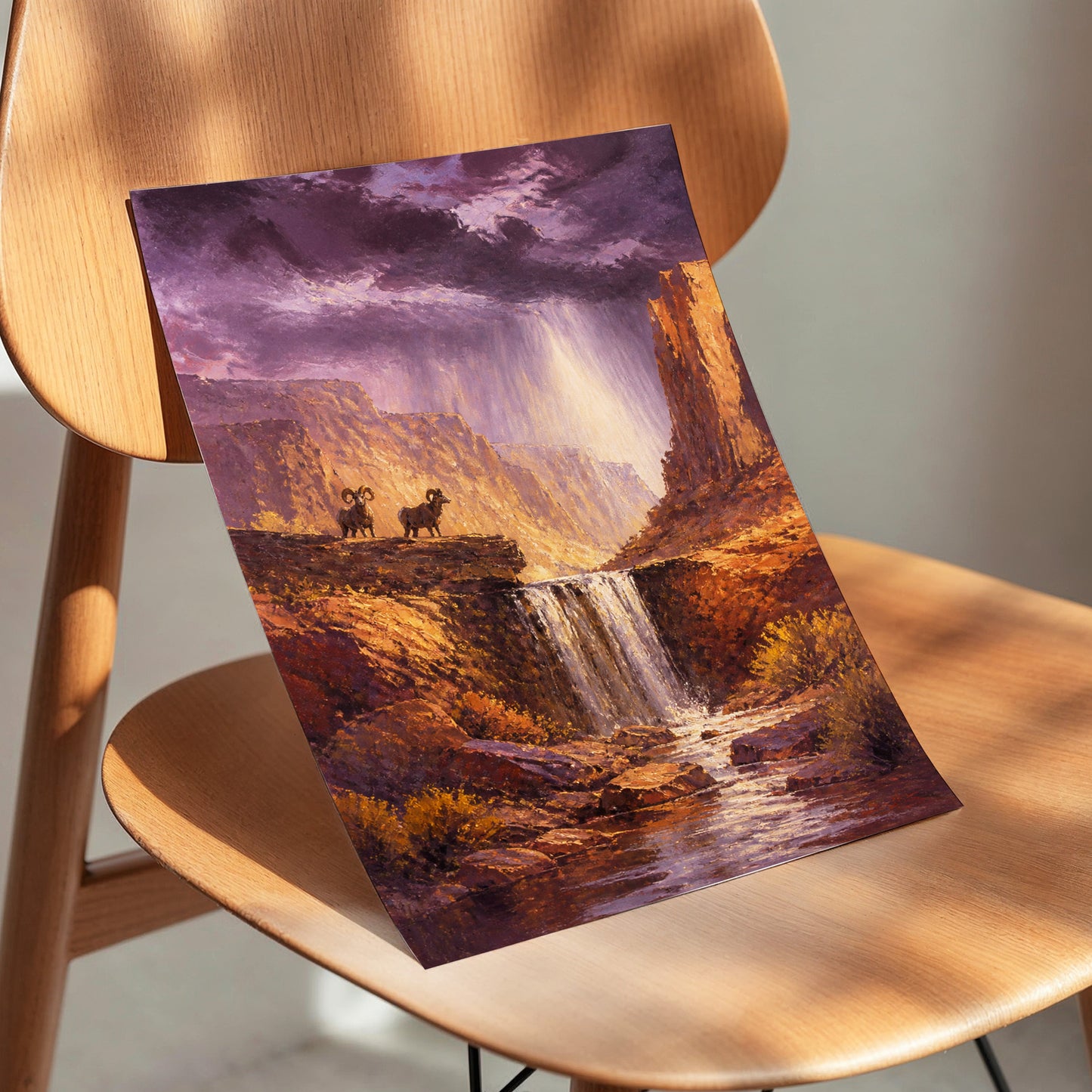 Stormlight Canyon, purple, brown, orange nature wall art displayed in a styled interior, gallery view 4