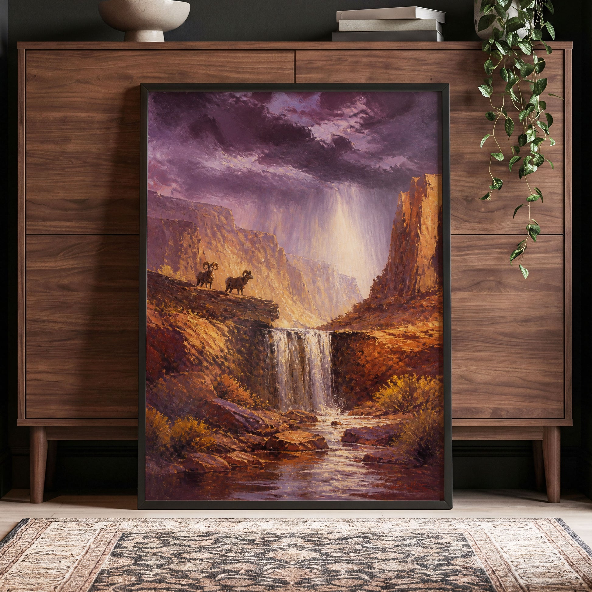 Stormlight Canyon, purple, brown, orange nature wall art displayed in a styled interior, gallery view 5