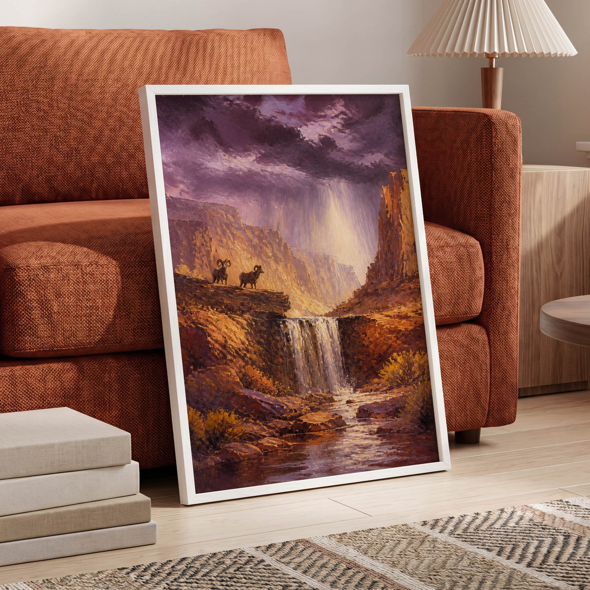 Stormlight Canyon, purple, brown, orange nature wall art displayed in a styled interior, gallery view 6