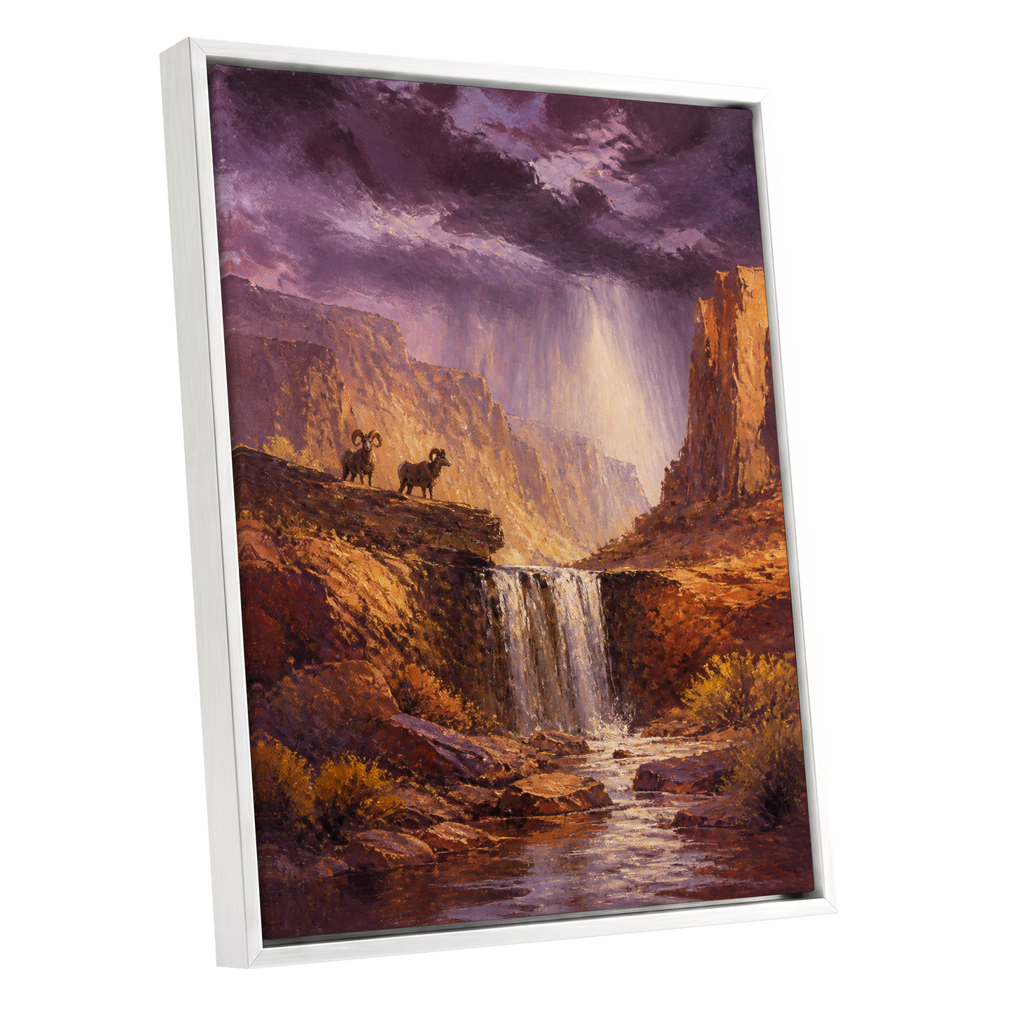 Stormlight Canyon, purple, brown, orange nature wall art shown as a white framed canvas wall art